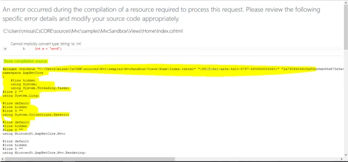 The error page displays C# code